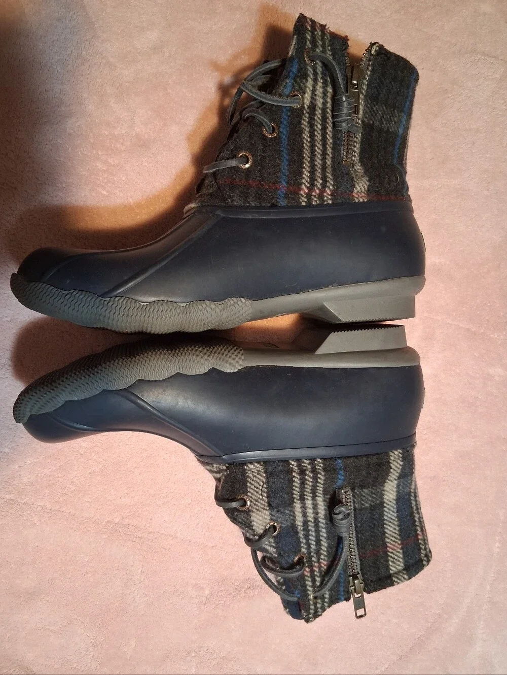 Sperry Top Sider Navy Blue Plaid Wool Duck Boots Waterproof Size 7M Rain Winter